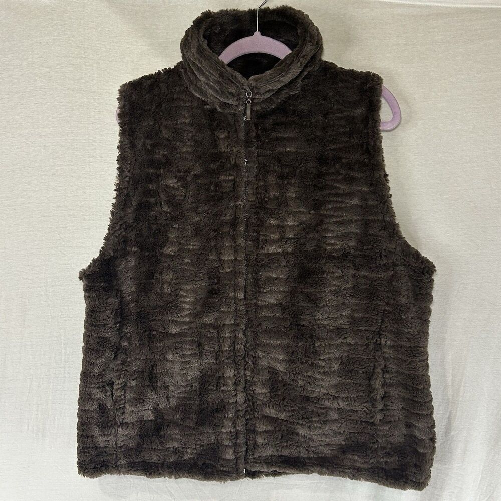 Andrea Faye Faux Fur Full Zip Brown Vest Pockets Women's Size XL Made in USA